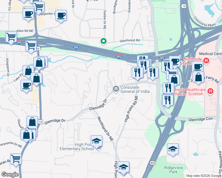 map of restaurants, bars, coffee shops, grocery stores, and more near 5550 Glenridge Drive in Sandy Springs