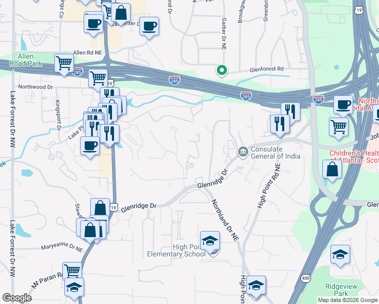 map of restaurants, bars, coffee shops, grocery stores, and more near 5470 Glenridge Drive in Atlanta