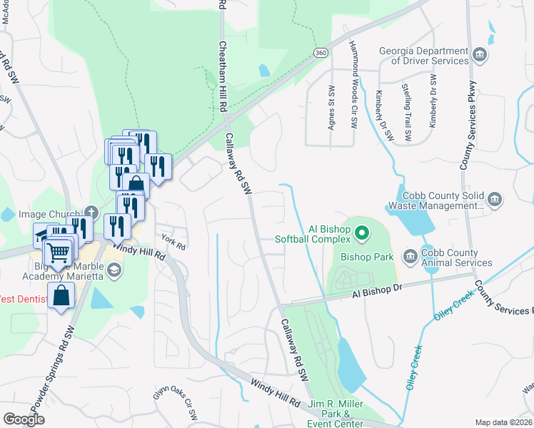 map of restaurants, bars, coffee shops, grocery stores, and more near 1390 Chapel Hill Lane Southwest in Marietta