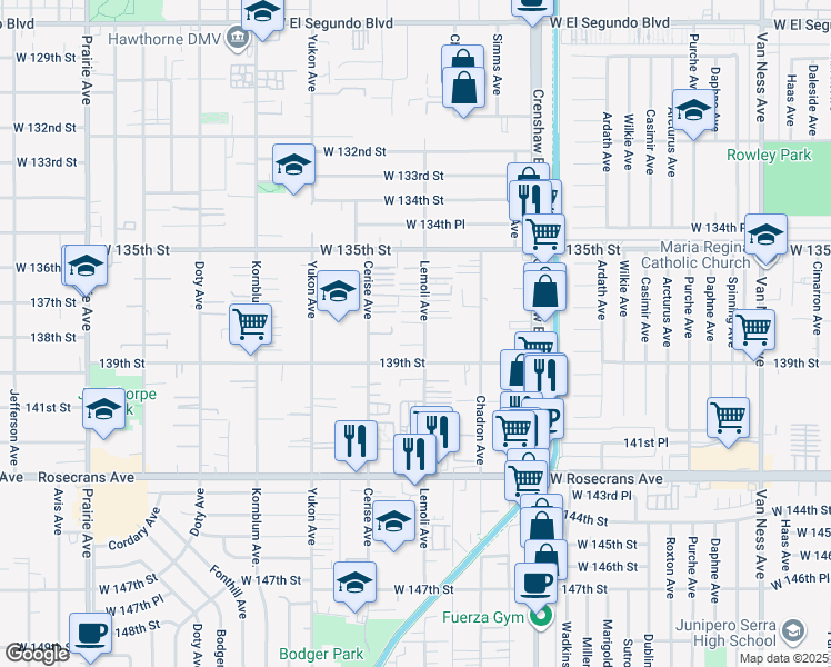 map of restaurants, bars, coffee shops, grocery stores, and more near 13751 Lemoli Avenue in Hawthorne