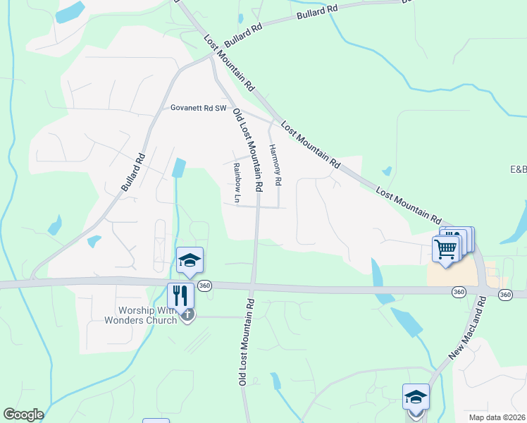 map of restaurants, bars, coffee shops, grocery stores, and more near 4555 Tranquil Ln in Powder Springs