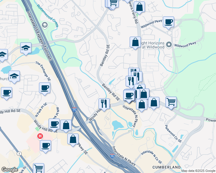 map of restaurants, bars, coffee shops, grocery stores, and more near 1990 Kimberly Village Lane in Marietta