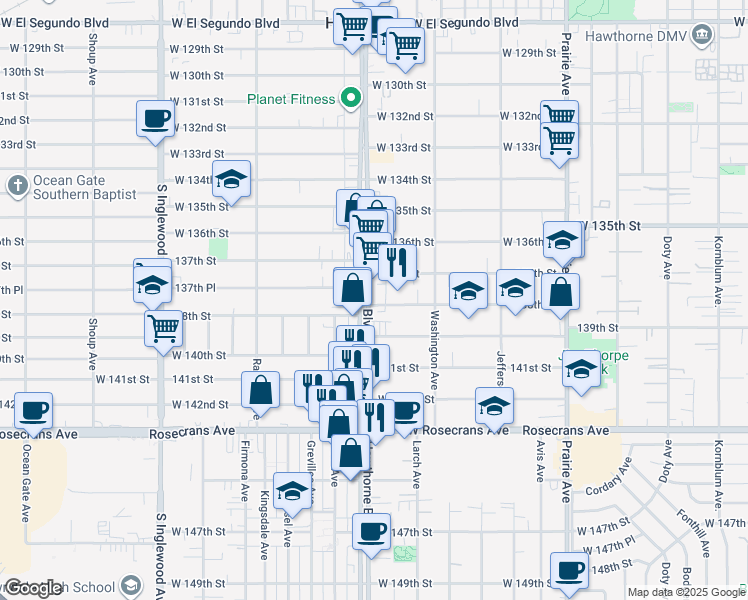 map of restaurants, bars, coffee shops, grocery stores, and more near 4386 138th Street in Hawthorne