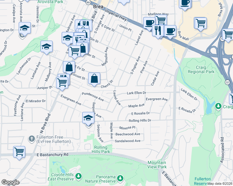 map of restaurants, bars, coffee shops, grocery stores, and more near 1701 Lark Ellen Drive in Fullerton