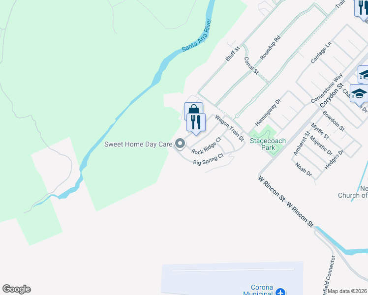 map of restaurants, bars, coffee shops, grocery stores, and more near 825 Rock Ridge Court in Corona