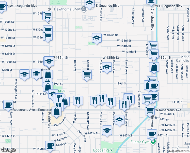 map of restaurants, bars, coffee shops, grocery stores, and more near 13719 Yukon Avenue in Hawthorne