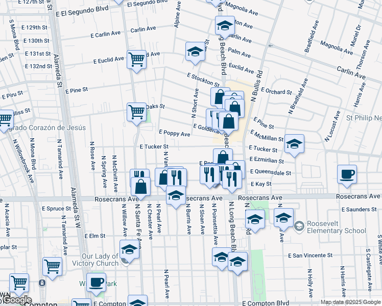 map of restaurants, bars, coffee shops, grocery stores, and more near 1108 East Tucker Street in Compton