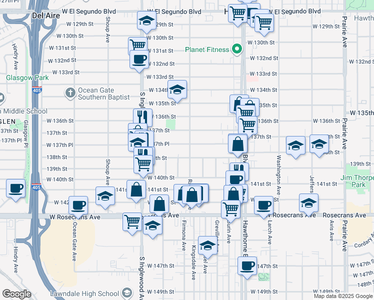map of restaurants, bars, coffee shops, grocery stores, and more near 4614 138th Street in Hawthorne