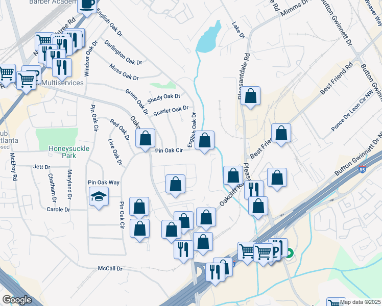map of restaurants, bars, coffee shops, grocery stores, and more near 3276 Pin Oak Circle in Doraville