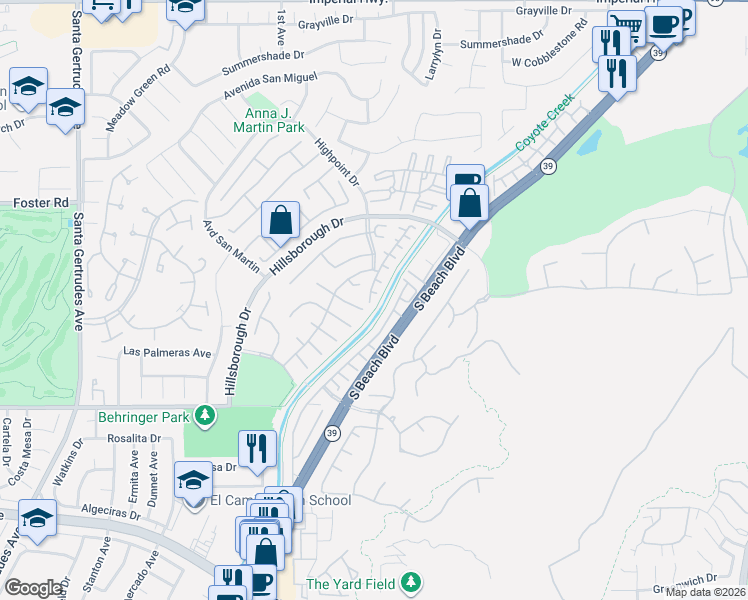 map of restaurants, bars, coffee shops, grocery stores, and more near 13615 Teal Ridge Court in La Mirada