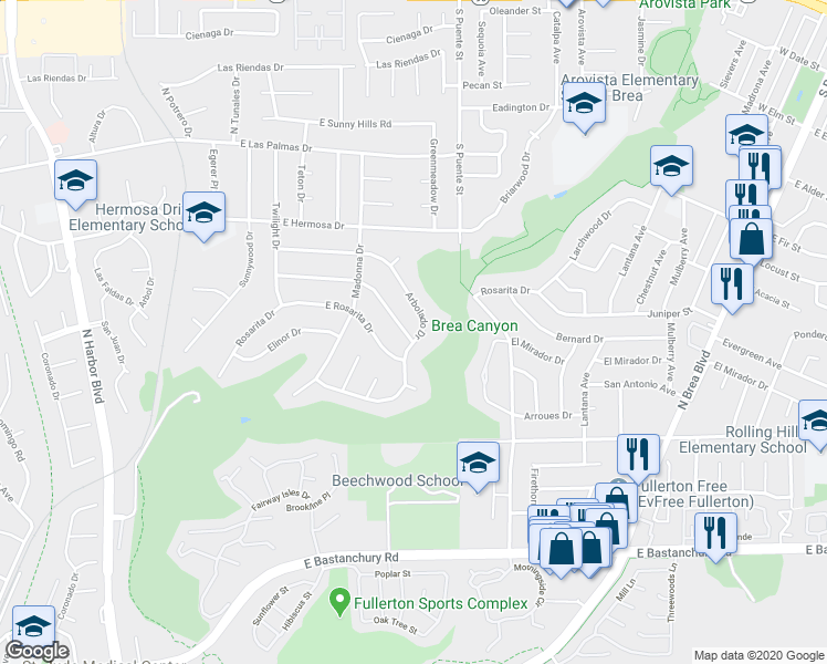 map of restaurants, bars, coffee shops, grocery stores, and more near 767 El Mirador Drive in Fullerton