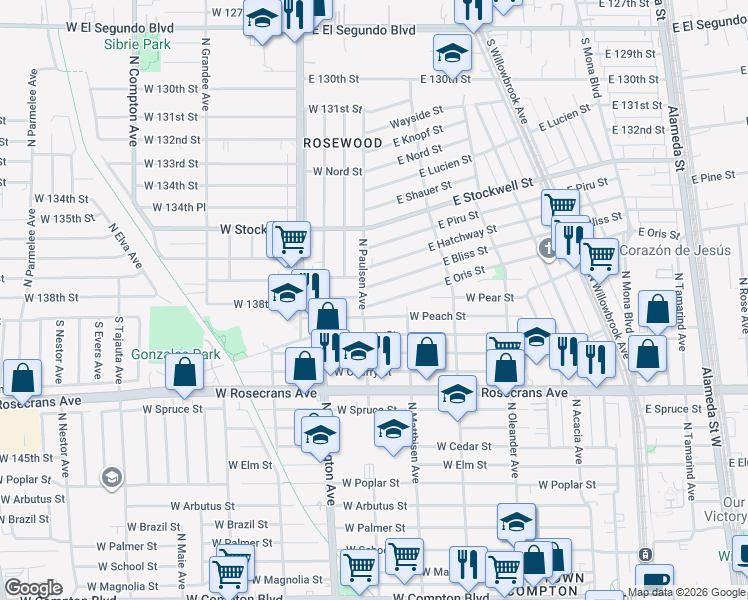 map of restaurants, bars, coffee shops, grocery stores, and more near 637 West Peach Street in Compton