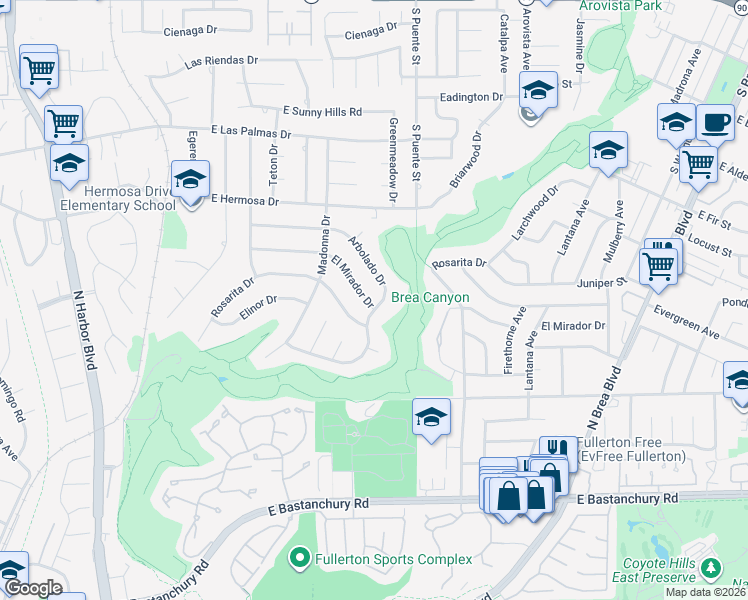 map of restaurants, bars, coffee shops, grocery stores, and more near 767 El Mirador Drive in Fullerton