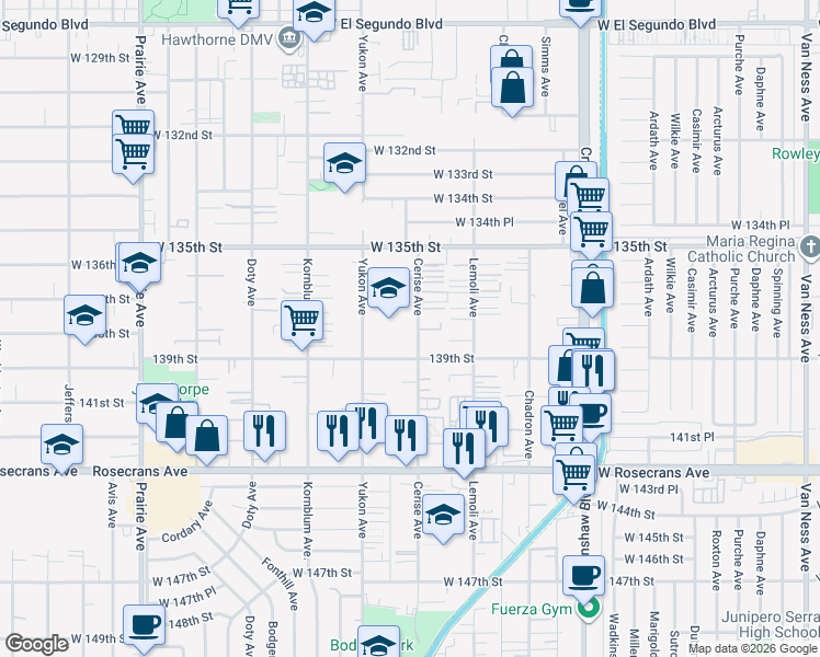 map of restaurants, bars, coffee shops, grocery stores, and more near 3505 139th Street in Hawthorne