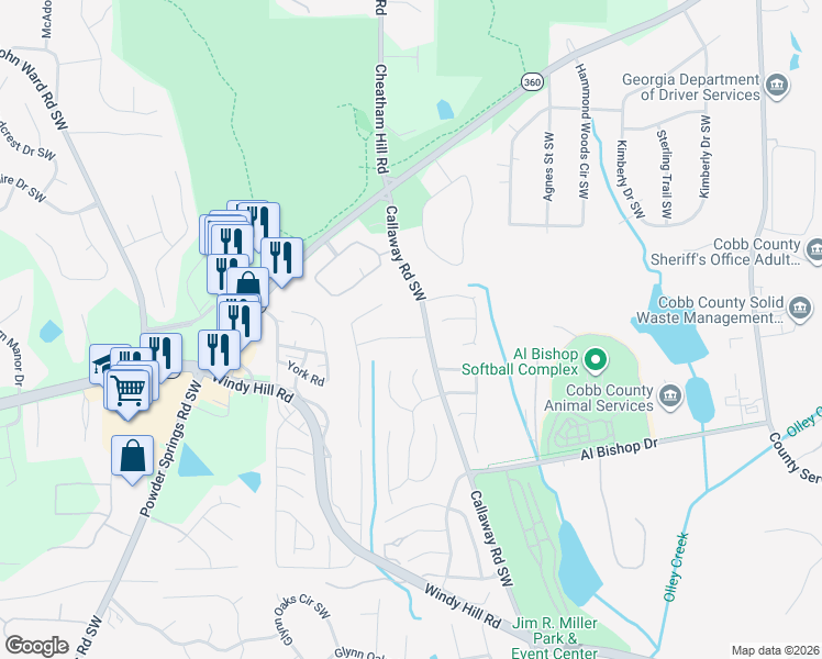 map of restaurants, bars, coffee shops, grocery stores, and more near 1479 Kolb Ridge Drive Southwest in Marietta