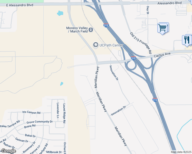 map of restaurants, bars, coffee shops, grocery stores, and more near Meridian Parkway in Riverside