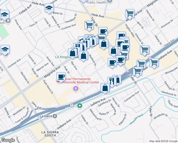 map of restaurants, bars, coffee shops, grocery stores, and more near 3610 Banbury Drive in Riverside