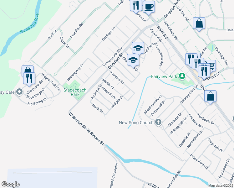 map of restaurants, bars, coffee shops, grocery stores, and more near 1792 Myrtle Street in Corona