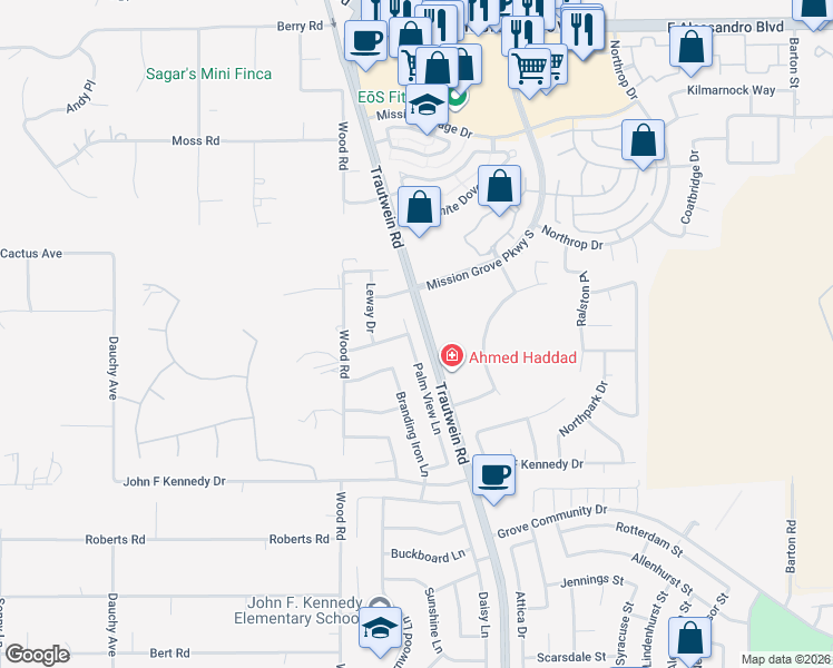 map of restaurants, bars, coffee shops, grocery stores, and more near 8024 Palm View Lane in Riverside