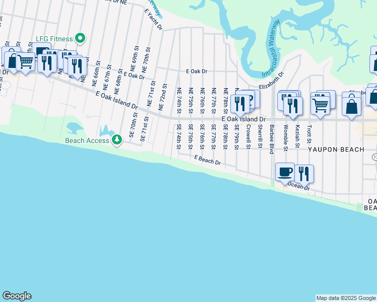 map of restaurants, bars, coffee shops, grocery stores, and more near 126 Southeast 75th Street in Oak Island