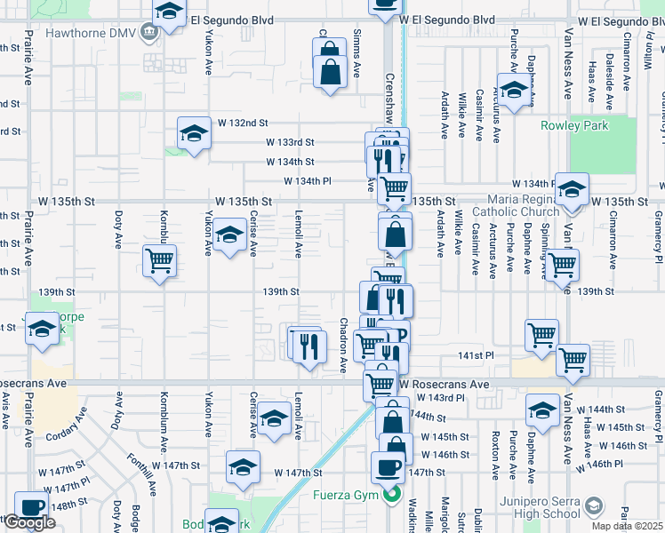 map of restaurants, bars, coffee shops, grocery stores, and more near 13717 Chadron Avenue in Hawthorne