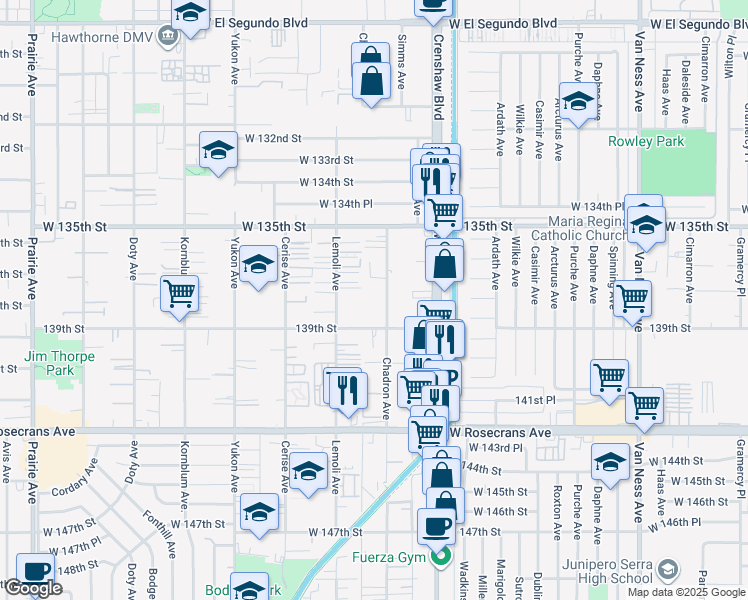 map of restaurants, bars, coffee shops, grocery stores, and more near 13717 Chadron Avenue in Hawthorne
