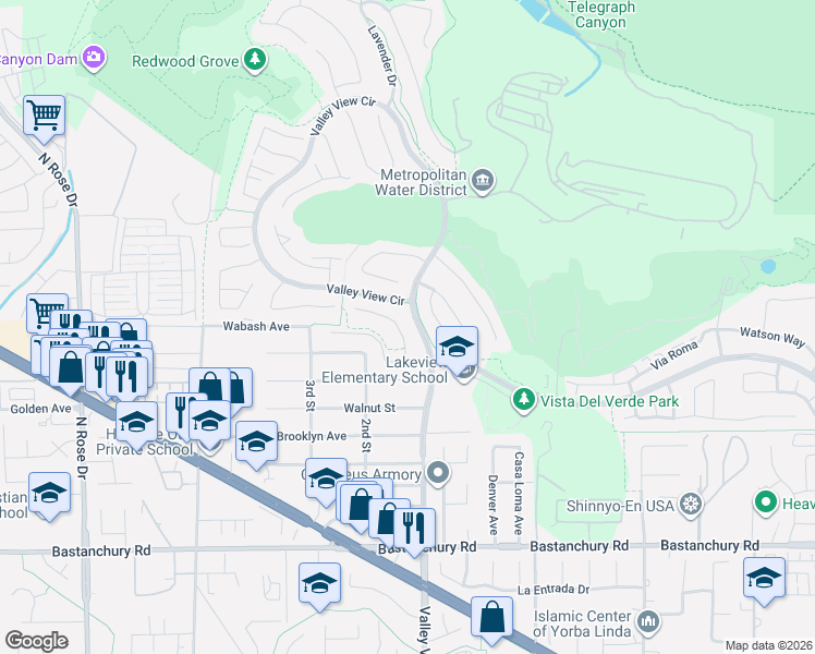 map of restaurants, bars, coffee shops, grocery stores, and more near 3820 Bidwell Drive in Yorba Linda