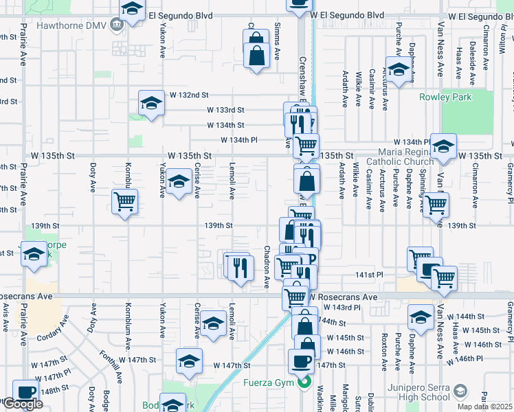 map of restaurants, bars, coffee shops, grocery stores, and more near 13717 Chadron Avenue in Hawthorne