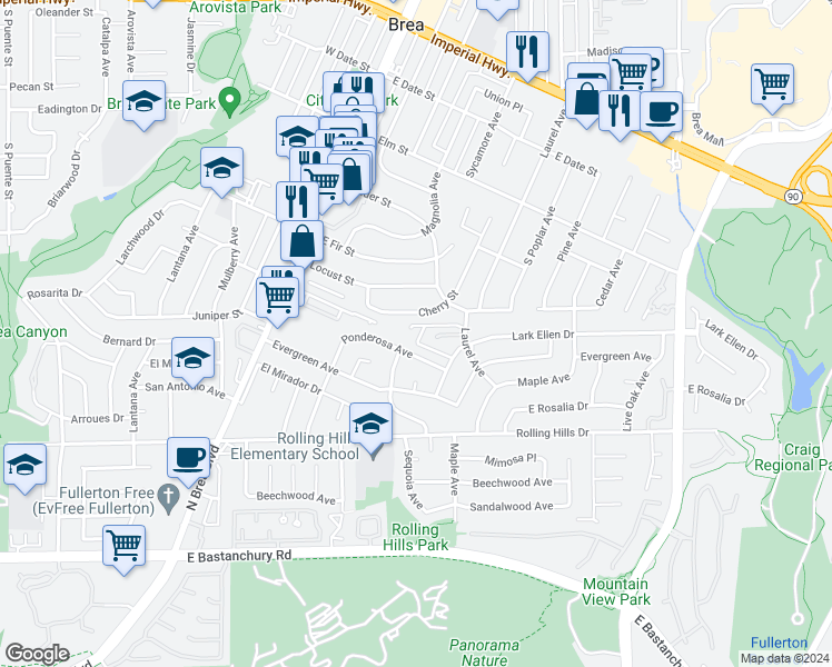 map of restaurants, bars, coffee shops, grocery stores, and more near 3131 Laurel Avenue in Fullerton