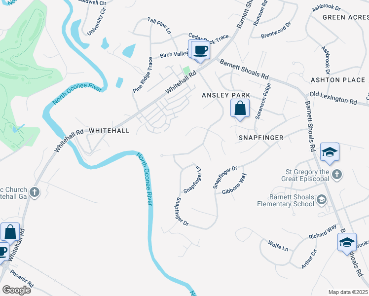 map of restaurants, bars, coffee shops, grocery stores, and more near 380 Ansley Drive in Athens