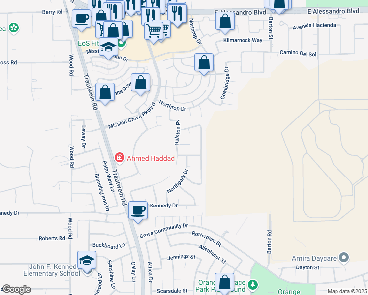 map of restaurants, bars, coffee shops, grocery stores, and more near 19617 Webster Road in Riverside