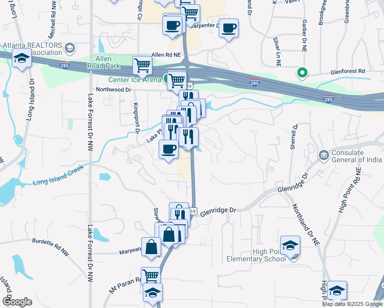 map of restaurants, bars, coffee shops, grocery stores, and more near 5555 Roswell Road Northeast in Sandy Springs