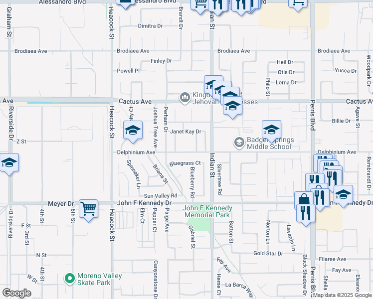 map of restaurants, bars, coffee shops, grocery stores, and more near 24382 Bluegrass Court in Moreno Valley