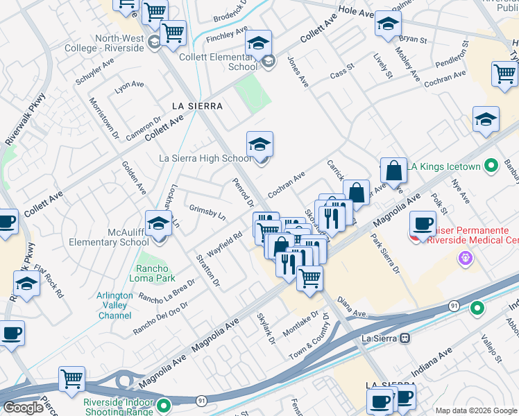 map of restaurants, bars, coffee shops, grocery stores, and more near 11104 Wayfield Road in Riverside
