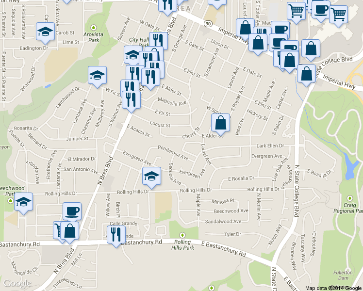 map of restaurants, bars, coffee shops, grocery stores, and more near 1513 Ponderosa Avenue in Fullerton