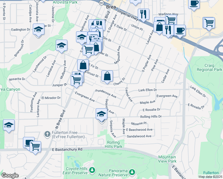 map of restaurants, bars, coffee shops, grocery stores, and more near 1513 Ponderosa Avenue in Fullerton