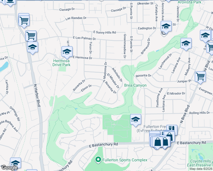 map of restaurants, bars, coffee shops, grocery stores, and more near 2849 Altivo Place in Fullerton