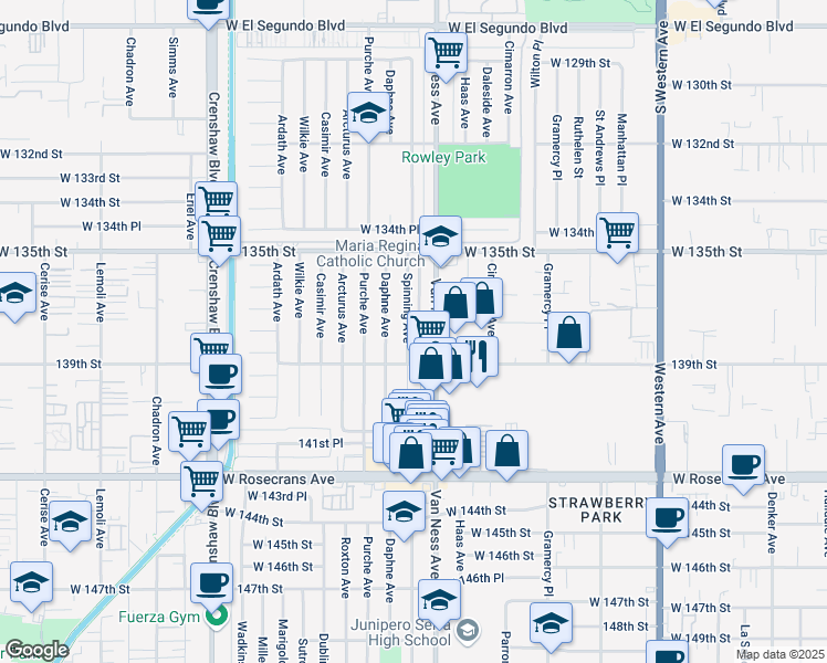 map of restaurants, bars, coffee shops, grocery stores, and more near 13808 Spinning Avenue in Gardena