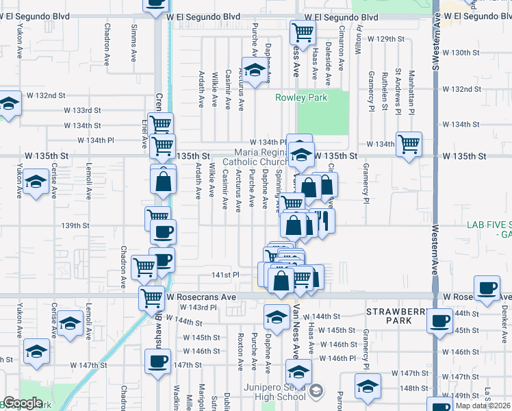 map of restaurants, bars, coffee shops, grocery stores, and more near 13809 Daphne Avenue in Gardena