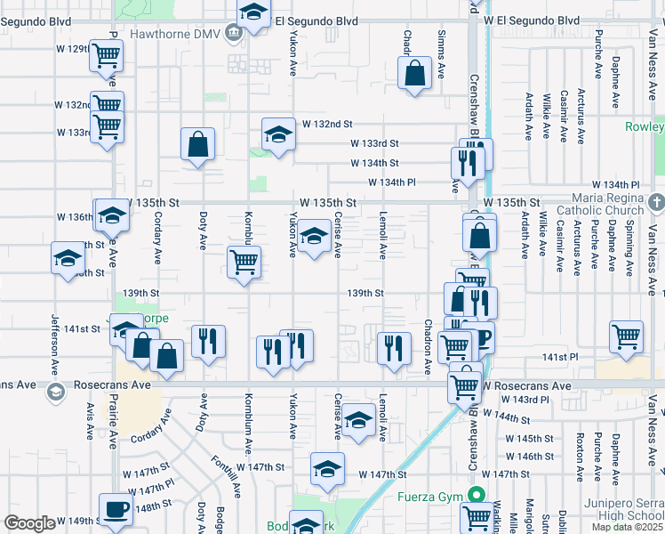 map of restaurants, bars, coffee shops, grocery stores, and more near 3505 139th Street in Hawthorne