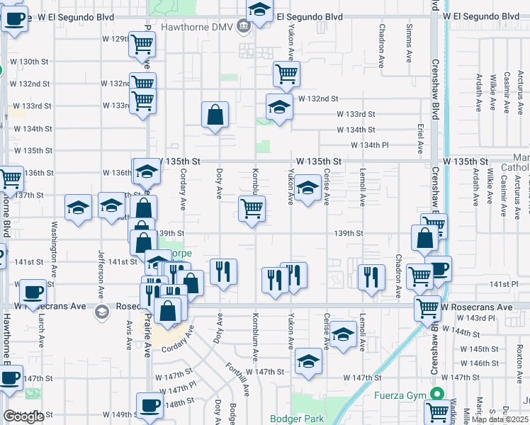 map of restaurants, bars, coffee shops, grocery stores, and more near 3637 139th Street in Hawthorne