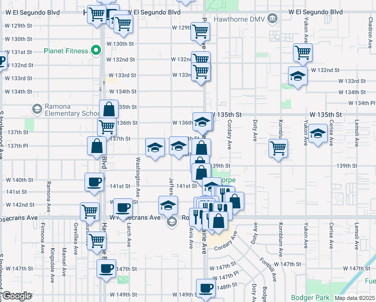 map of restaurants, bars, coffee shops, grocery stores, and more near 4068 138th Street in Hawthorne