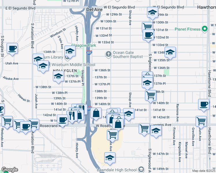 map of restaurants, bars, coffee shops, grocery stores, and more near 5130 138th Street in Hawthorne