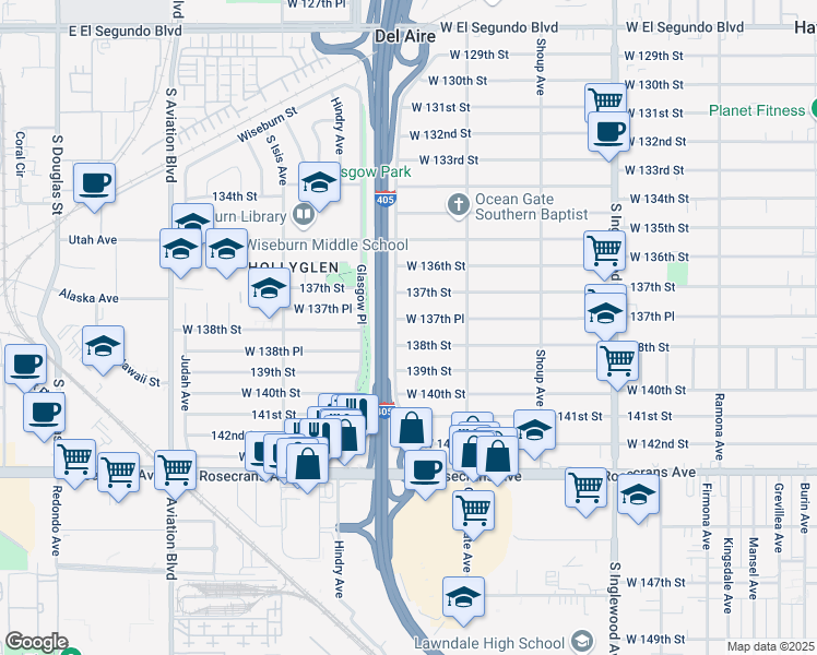 map of restaurants, bars, coffee shops, grocery stores, and more near 5170 138th Street in Hawthorne