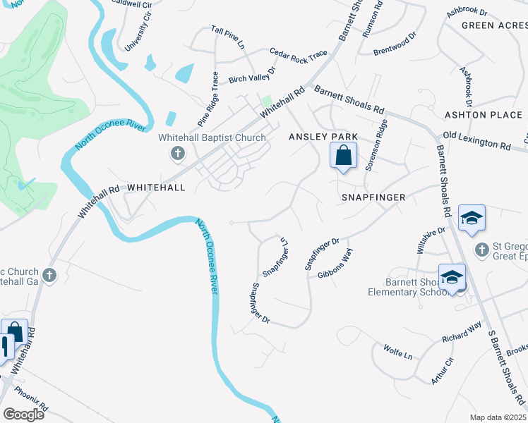 map of restaurants, bars, coffee shops, grocery stores, and more near 380 Ansley Drive in Athens