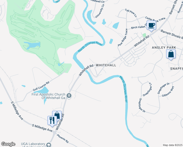 map of restaurants, bars, coffee shops, grocery stores, and more near 585 White Circle in Athens