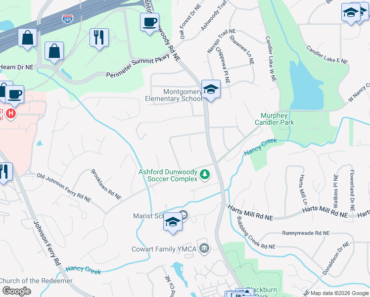 map of restaurants, bars, coffee shops, grocery stores, and more near 3872 Rains Court Northeast in Atlanta
