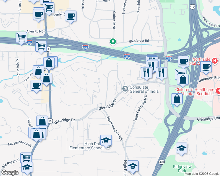 map of restaurants, bars, coffee shops, grocery stores, and more near 5555 Sherrell Drive in Atlanta