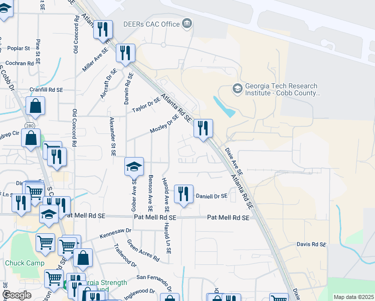 map of restaurants, bars, coffee shops, grocery stores, and more near 769 Belrose Drive Southeast in Smyrna