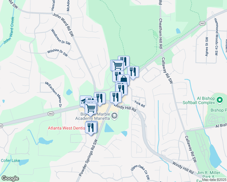 map of restaurants, bars, coffee shops, grocery stores, and more near 1720 Powder Springs Road Southwest in Marietta